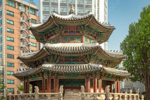 Colorful Korean traditional design painted Hwangudan Shrine altar in Seoul South Korea © Jacki