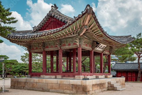 Colorful Korean painted wood pagoda building architecture at the Changdeokgung palace in Seoul South Korea