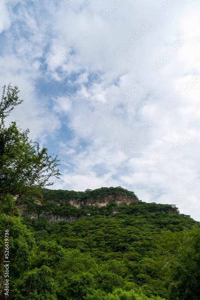 trees framing mountains, huentitan canyon in guadalajara, mountains and trees, green vegetation and sky with clouds, mexico