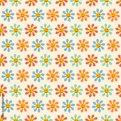 Small multicolored retro 1970s daisies and emojis. Summer groovy and trippy pattern. Vector drawing. For clothing, packaging, design and textiles, postcards and flyers. © Irina