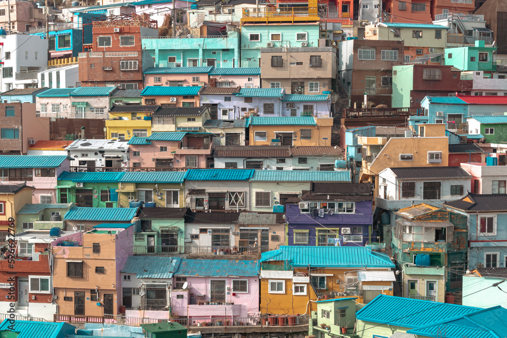 Fototapeta premium Colorful city village houses view of Gamcheon Cultural Village and mountains in Busan South Korea