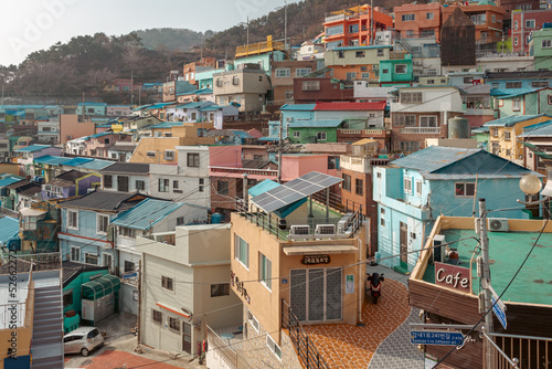 Colorful city village houses view of Gamcheon Cultural Village and mountains in Busan South Korea photo