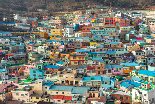 Colorful city village houses view of Gamcheon Cultural Village and mountains in Busan South Korea