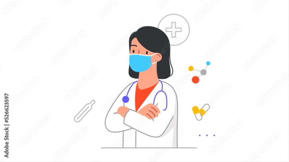 Different professions video concept. Moving woman doctor, therapist or nurse in white uniform and mask treats diseases. Health care and medicine. Flat graphic animated cartoon in doodle style Different professions video concept. Moving woman doctor, therapist or nurse in white uniform and mask treats diseases. Health care and medicine. Flat graphic animated cartoon in doodle style