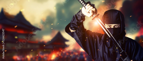 Cuadro en lienzo Burning Castle and Ninja. Wide image for banners, advertisements.