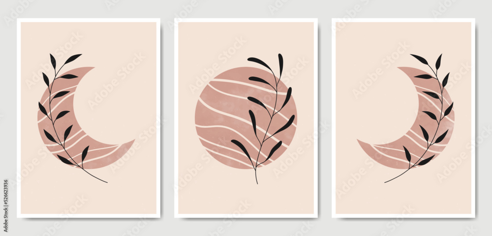 Abstract Contemporary mid century modern Floral leaves boho poster template. Aesthetic Modern Art Minimal and natural flower compositions for postcard cover wallpaper wall art home decor