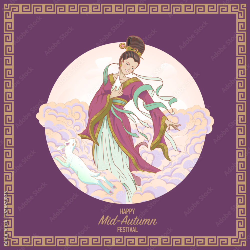 Obraz premium Mid-Autumn Festival vector illustration of Chang'e moon goddess with jade rabbit and lotus for lunar celebration branding