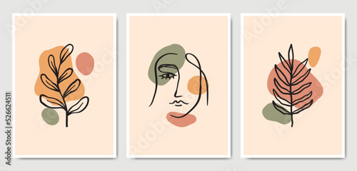 Abstract Aesthetic mid century modern line art face portrait and leaves Contemporary boho poster template. Modern Art Minimal shape compositions for postcard, cover, wallpaper, wall art, home decor.