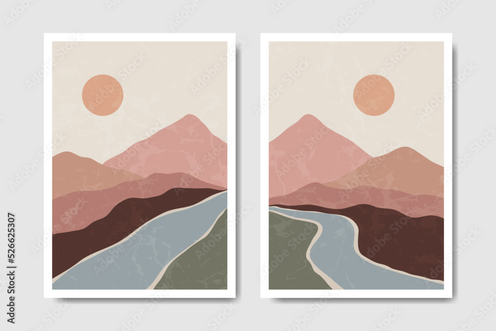 Abstract Contemporary mid century modern landscape boho poster template. Aesthetic Modern Art Minimal mountain compositions for postcard, cover, wallpaper, wall art, home decor.