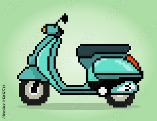 8 bit pixel scooter motor in vector illustrations for game assets or cross stitch patterns.
