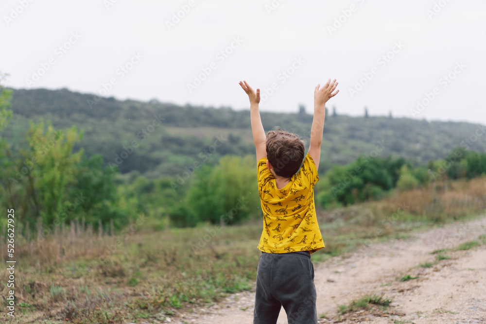 A six-year-old boy is standing with his back in the countryside. Back view. Happy child boy laughing and playing in the summer day.