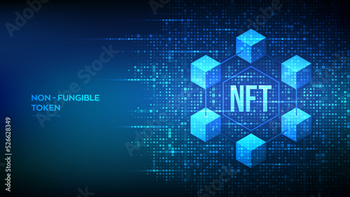NFT technology background made with binary code. Non-fungible token digital crypto art blockchain tech concept. Investment in cryptographic. Matrix background with digits 1.0. Vector illustration.