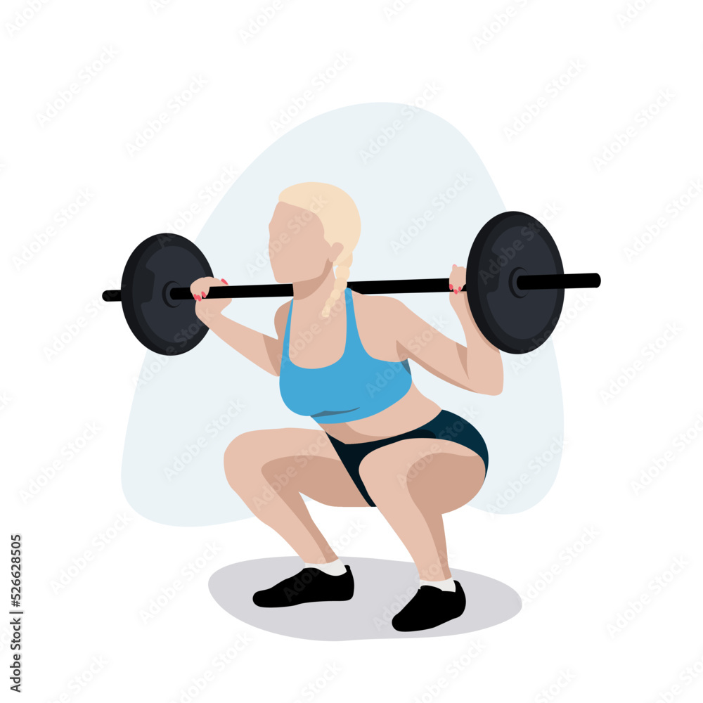 Obraz premium Kobieta podnosząca sztangę. Przysiad z ciężarem. Dziewczyna uprawiająca sport. Wysportowana sylwetka w stroju do ćwiczeń. Ilustracja wektorowa.