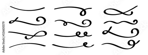 Swish doodle underline set. Hand drawn swoosh elements, calligraphy swirl or sport swoop text tails, Swash decorative strokes on white background, vector illustration