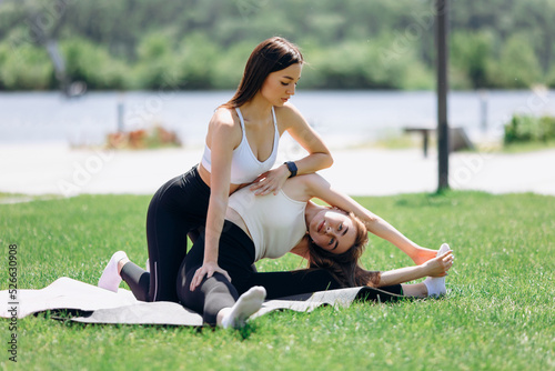 two beautiful girls do exercises outdoors in the park.