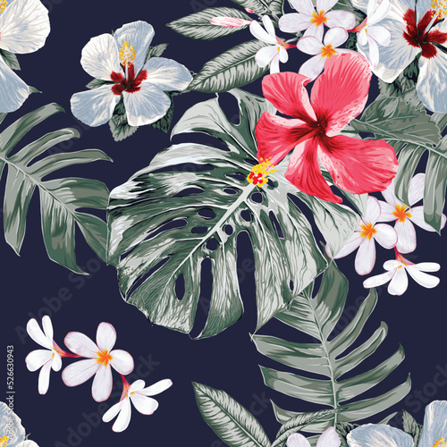 Seamless pattern Hibiscusand frangipani flowers monstera green leaf background.Vector illustration dry watercolor hand drawing stlye.Fabric design texitle