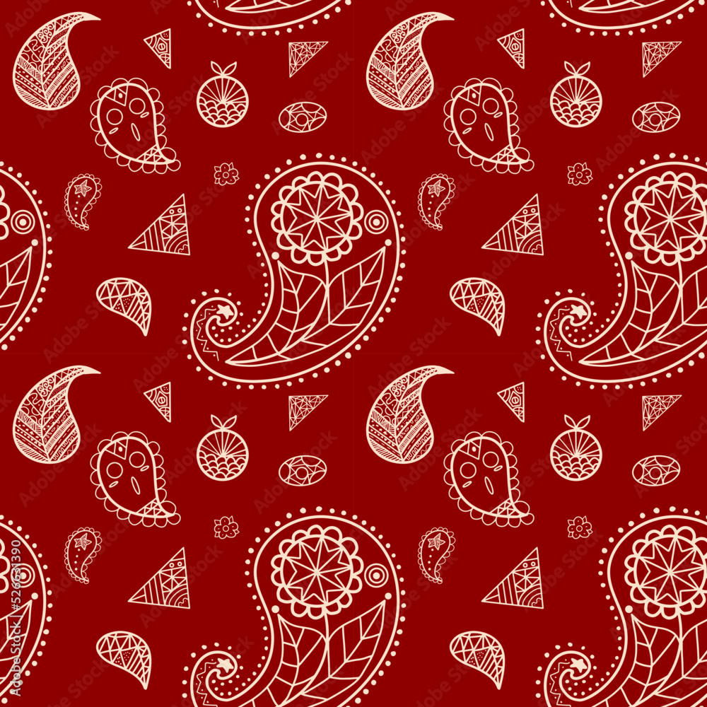 Abstract mandalas paisley pattern for wallpaper, red background, carpet, textile, fashion clothing, wrapping, batik, fabric, vector illustration