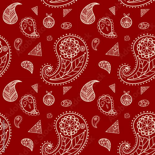Abstract mandalas paisley pattern for wallpaper, red background, carpet, textile, fashion clothing, wrapping, batik, fabric, vector illustration