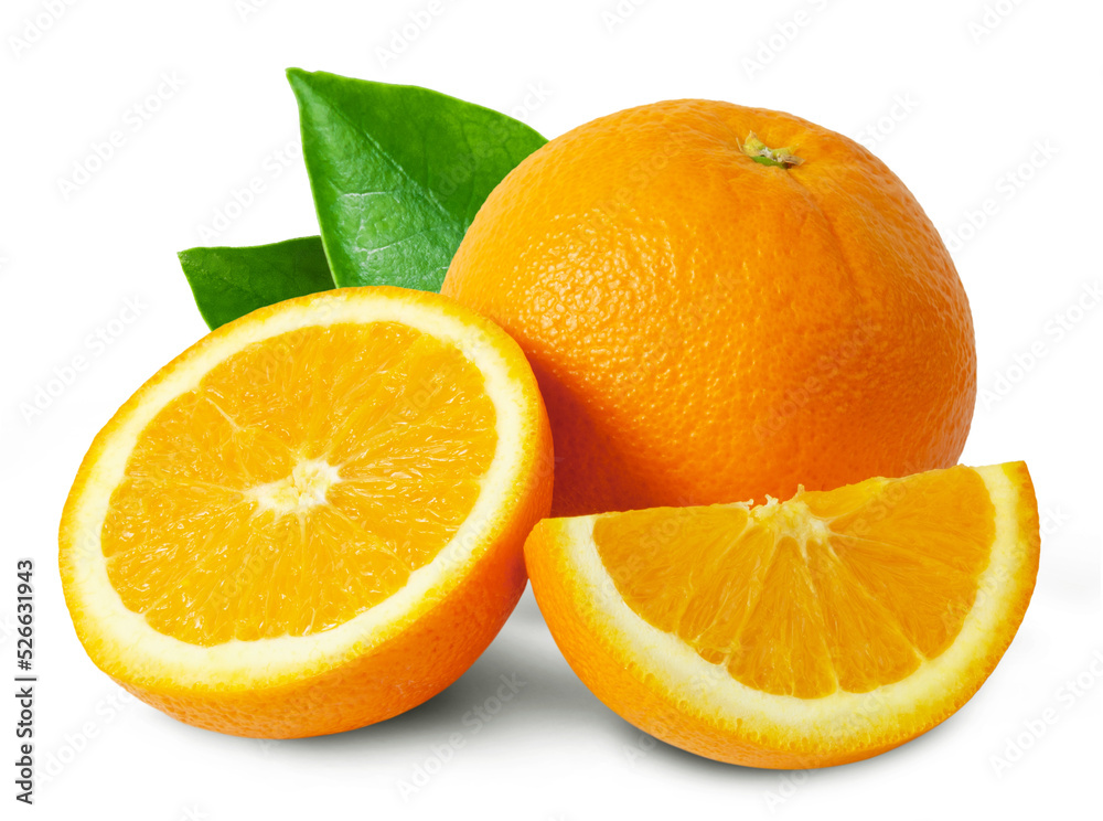 Ripe oranges have leaves and halves, split on a white background with clipping path. Ripe oranges have leaves and halves, split on a white background with clipping path.