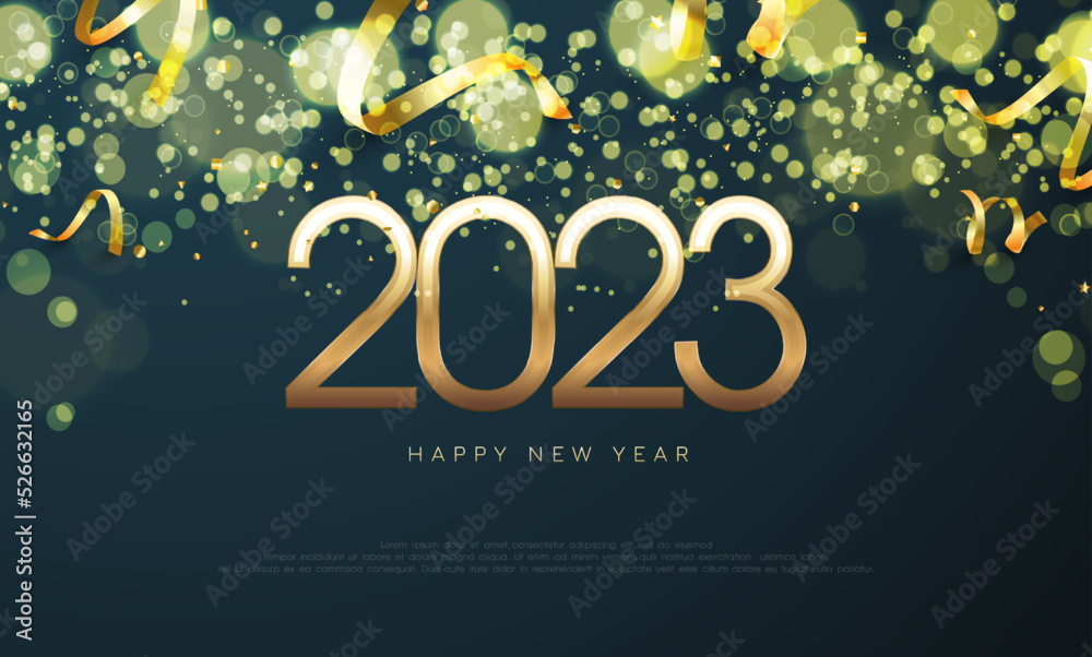 2023 happy new year background design with shiny luxury gold numbers.