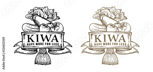 nutritious healthy fruit and fish food Illustration Hand drawn Logo Vector. fruits farmer vintage Logo design