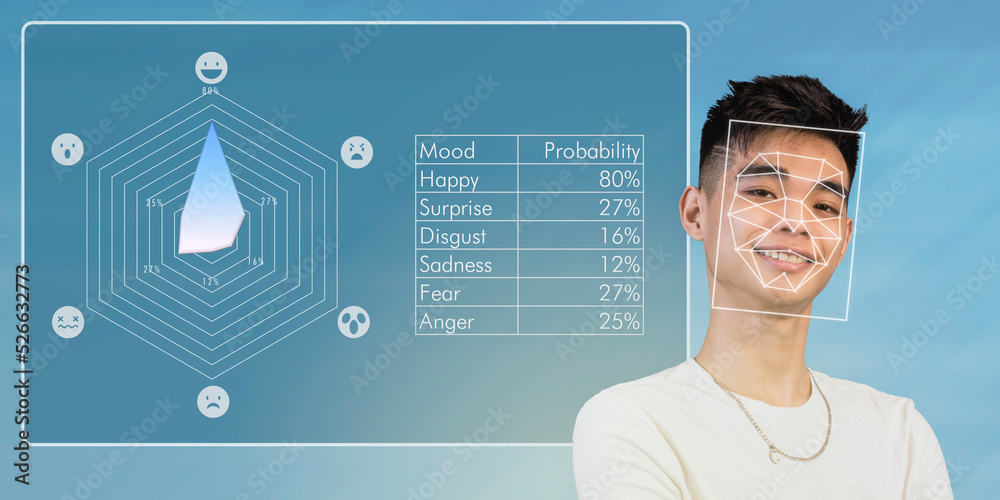 Emotion detection and recognition AI or affective computing concept. Computer vision technology analyzing facial cues and expressions. Used on a happy young man to assess emotional state probability. - obrazy, fototapety, plakaty 