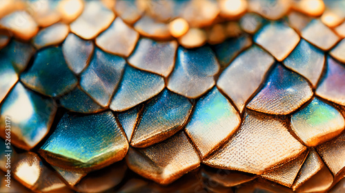 Closeup spectacular snake skin abstract crystal metal mineral texture stone colorful pattern iridescent and shiny scale background. Digital art 3D illustration. High resolution.