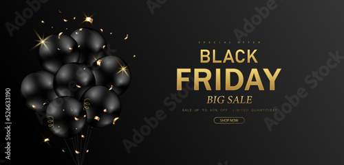 Black Friday Sale banner design with balloon bunch on black background. Vector illustration.