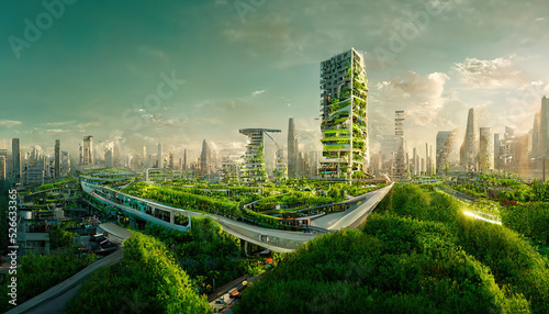 Spectacular eco-futuristic cityscape full with greenery, skyscrapers, parks, and other manmade green spaces in urban area. Green garden in modern city. Digital art 3D illustration. photo