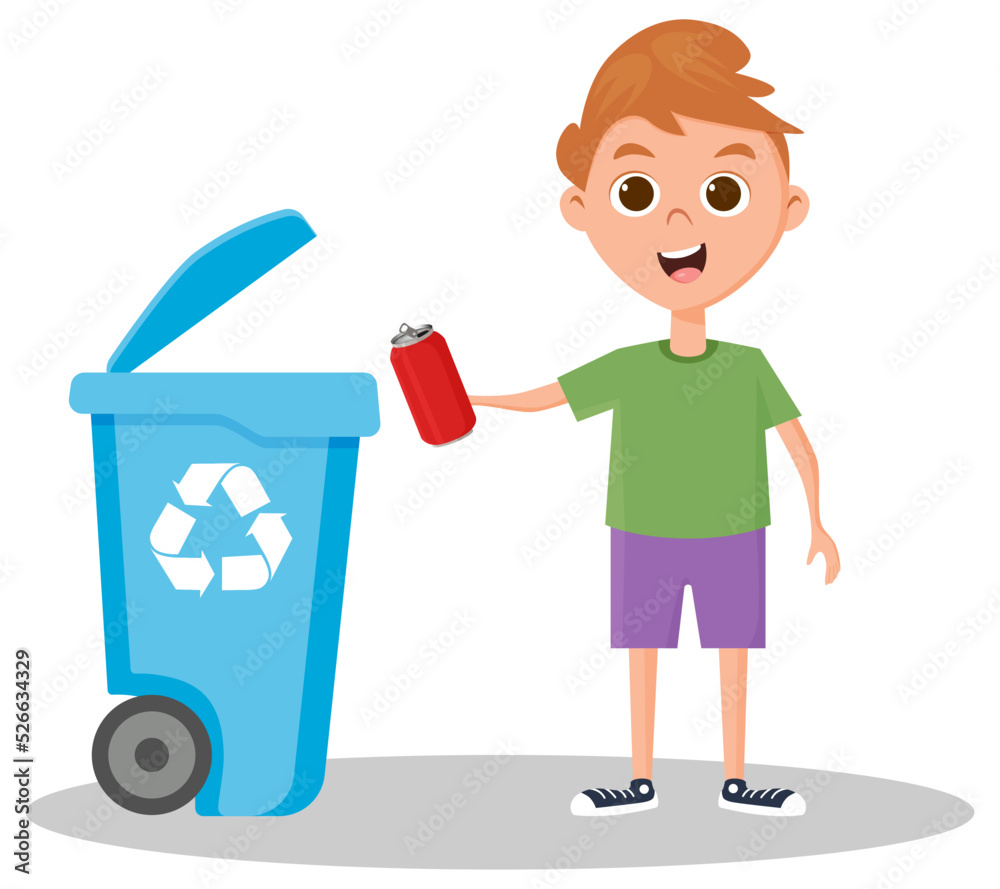 The boy throws out the garbage.Careful treatment of the environment.Vector illustration. The boy throws out the garbage.Careful treatment of the environment.Vector illustration.