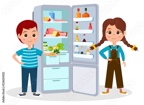 Children are standing near the refrigerator with food.An open refrigerator with food and drinks.Vector illustration.