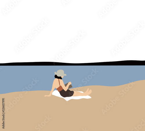 Woman wearing hat sitting on beach and reading book with relaxing and concentration. Summer beach picnic. Concept for vacation, holiday and travel.