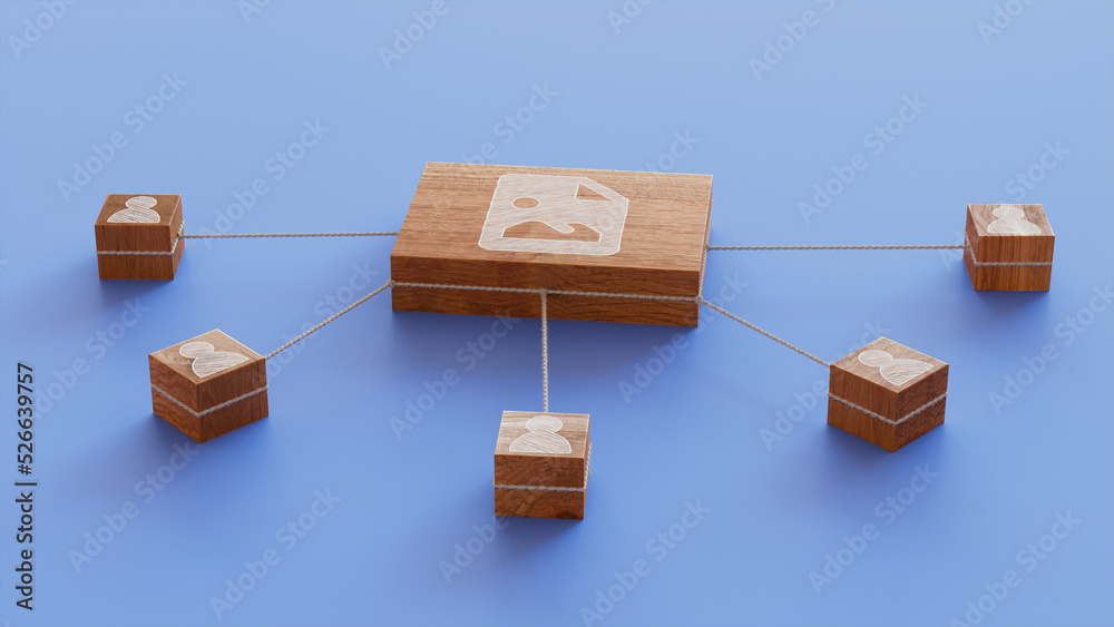 Image Technology Concept with picture Symbol on a Wooden Block. User Network Connections are Represented with White string. Blue background. 3D Render.