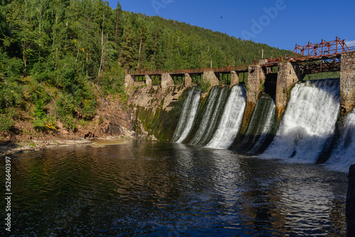 Dam. Waterfall. Natural historical complex "Thresholds". Chelyabinsk region. River "Bolshaya Satka"