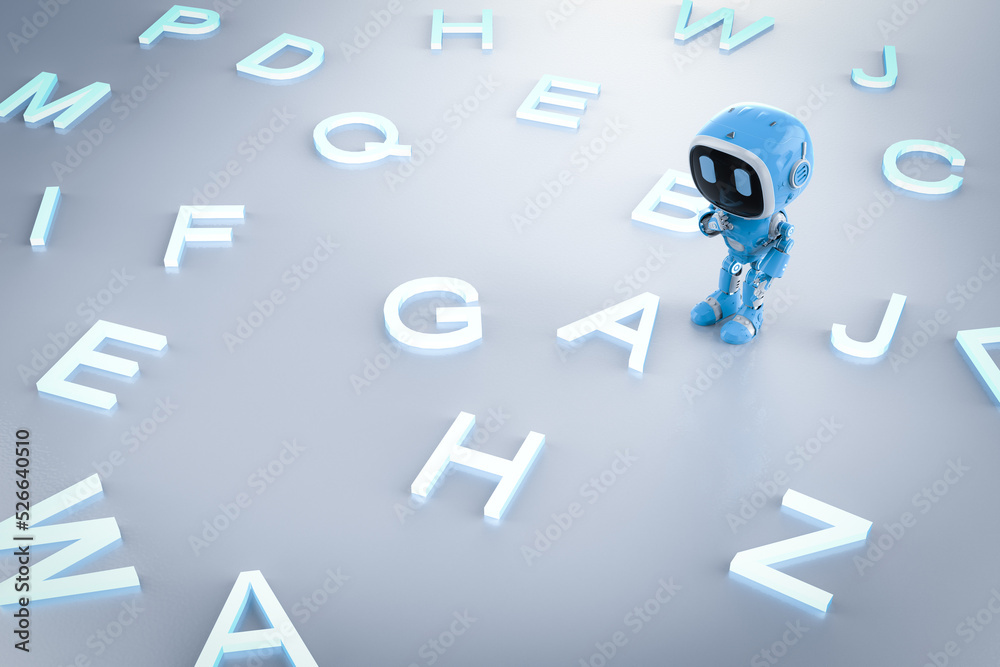 Machine learning concept with small robot and alphabets Machine learning concept with small robot and alphabets