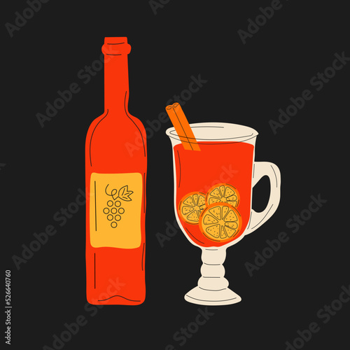 Mulled wine in  cup and a bottle of wine . Mulled wine with cinnamon.Vector in cartoon style. All elements are isolated
