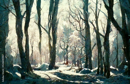 Scene in a winter forest with snow on the ground.