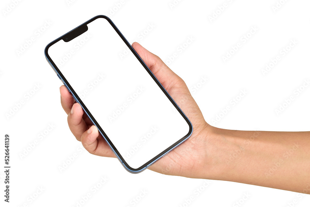 Blank screen smartphone in hand isolated on white background with clipping path