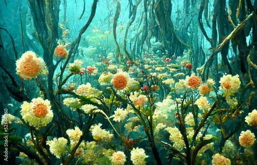 A mysterious forest scene with imaginary flowers.