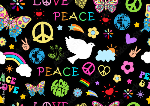 Colorful peace sign and symbols seamless wallpaper and gift wrapping on black background.