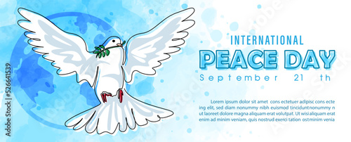 Hand draw and one line style in a peace dove shape with the day and name of event lettering on global and blue watercolor background. Poster's concept of Peace day campaign in vector design.