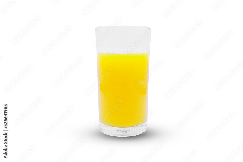 Orange juice in a glass on a white background with slight shadows. Orange juice in a glass on a white background with slight shadows.