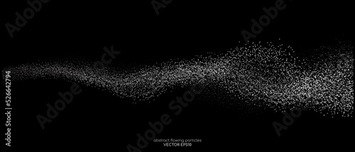 Abstract white light dots particles flowing wavy isolated on black background. Vector illustration design elements in concept of technology, energy, science, music.