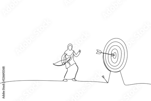 Drawing of muslim businesswoman finally hit target after too many unsuccessful tries. Metaphor for effectiveness and efficiency to measure success rate. Single line art style