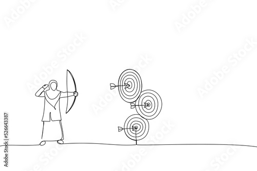 Illustration of muslim businesswoman doing a perfect hit arrow target practice. One line art style