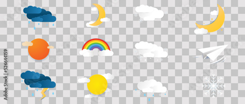 Paper cut weather icons set on isolated background.