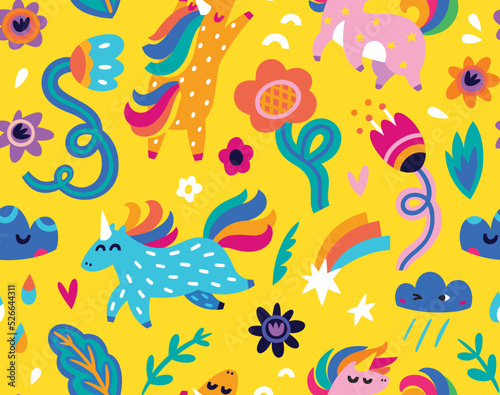 Yellow seamless pattern with unicorns, flowers and clouds. Vector illustration
