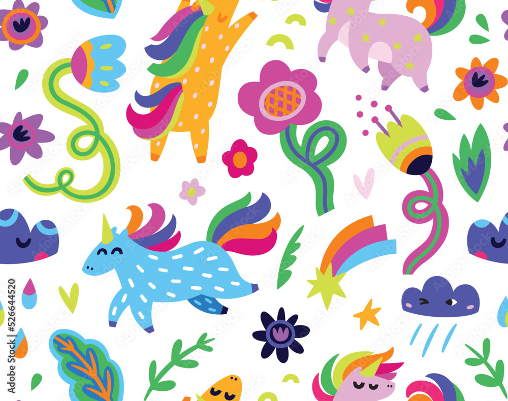 Seamless pattern with unicorns, flowers and clouds. Vector illustration