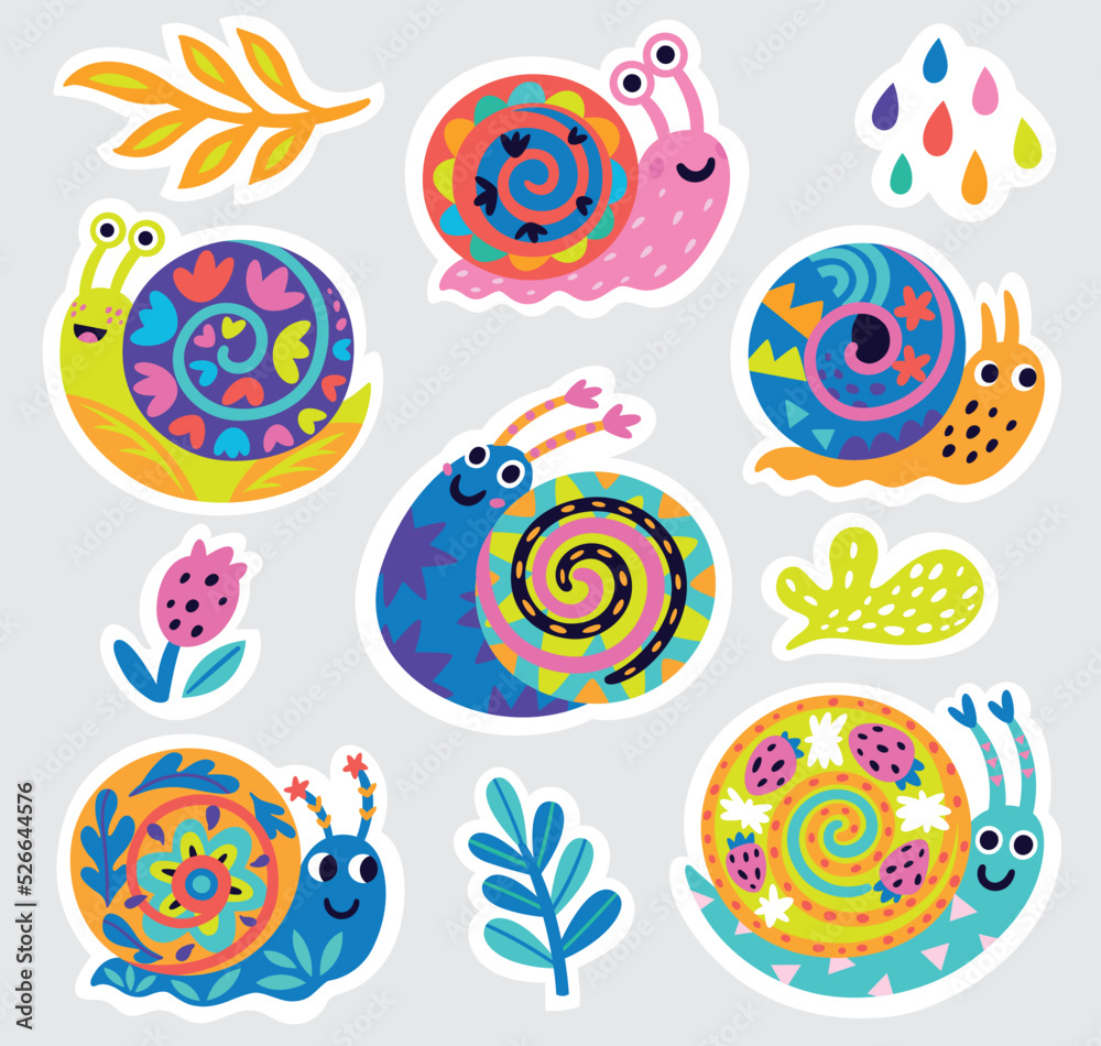 Colourful collection with decorative snails, leaves and drops. Vector illustration Colourful collection with decorative snails, leaves and drops. Vector illustration