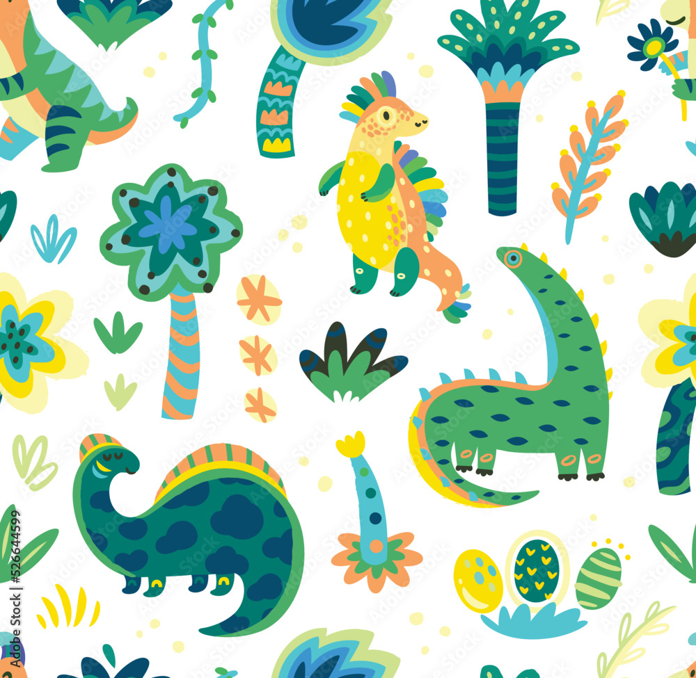Obraz premium Seamless childish pattern with cute dinosaurs and trees. Vector illustration